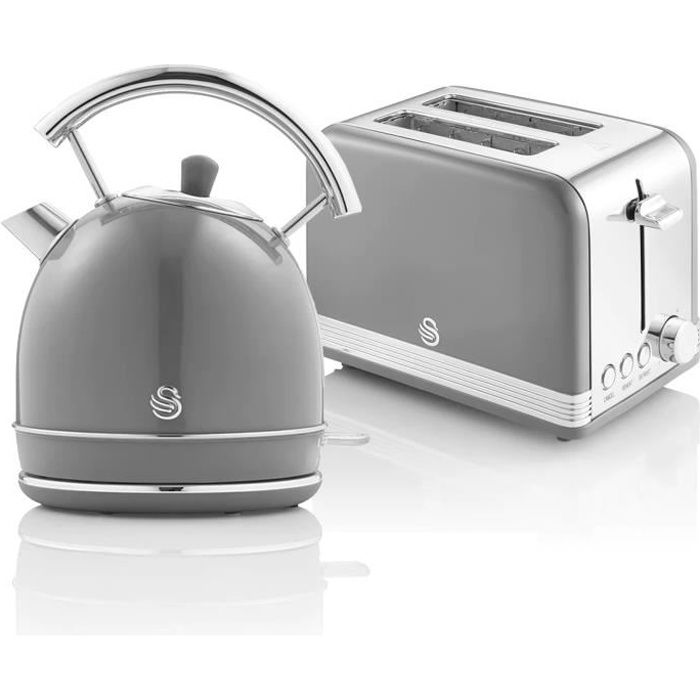 Retro Set Petit-Déjeuner Bouilloire 1,8L Sans fil, Grille-Pain 2 Larges Tranches SWAN STP7050GRNEU Gris 57980