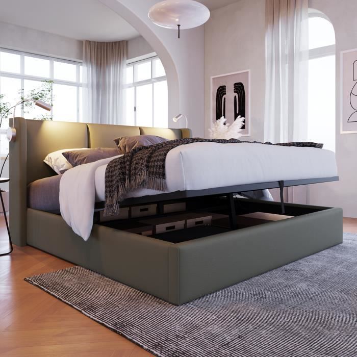 lit capitonné avec rangement et liseuse - sweiko - 140x200 - vert - contemporain