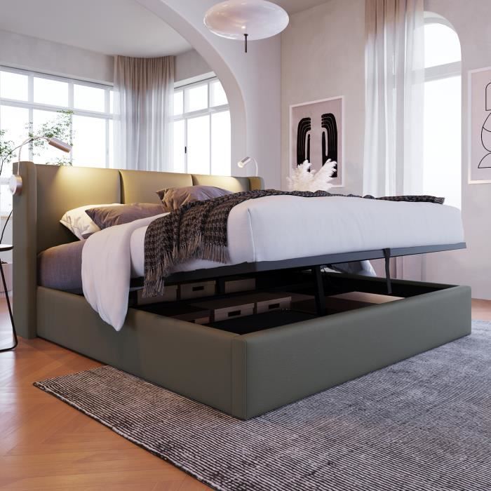 Lit capitonné lit de rangement tiroirs liseuse avec chargement USB tête de lit lit jeune en PU 140x200 (sans matelas)