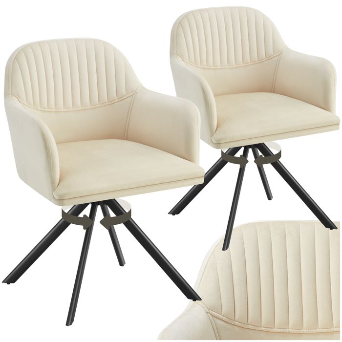 Chaise - TECTAKE - Lot de 2 fauteuils LONA pivotants avec rembourrage épais aspect velours 56 x 59 x 81 cm - Crème/Noir