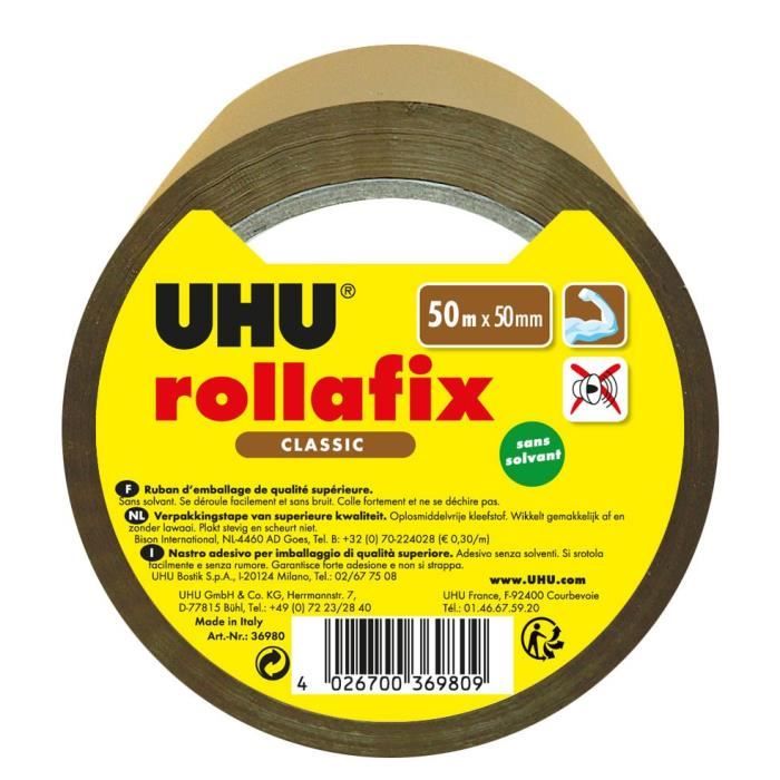 Lot de 3 rubans de 66m x 50mm UHU Rollafix Rubans adhésif d'emballage brun 