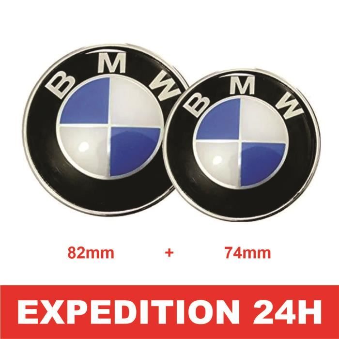 Pack 2 Emblème/Badge BM W Avant et Arrière Métallique, Logo 82mm+74mm pour Capot et valise, Bleu Blanc et noir, Compatible avec tous