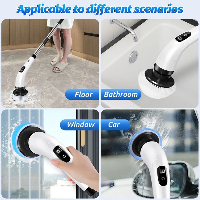 Brosse Nettoyage électrique Rotative 8 Têtes - Sans Fil Rechargeable - IPX7 - Pour Salle De Bain, Voiture