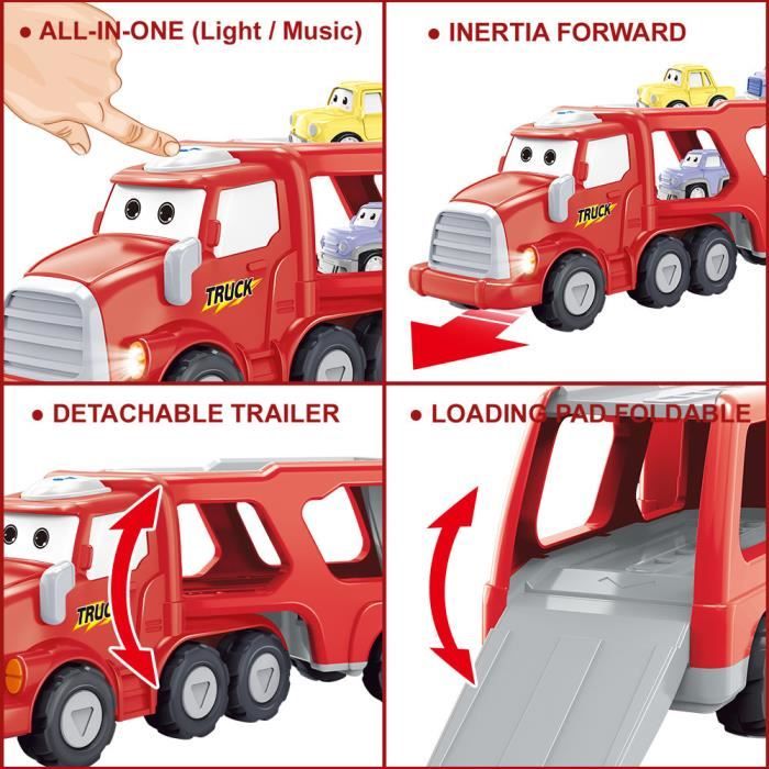 Camion Porte-Voitures 5 En 1 Pour Enfant – 2-4 Ans, Sons Et Lumières, Avec 4 Mini-Voitures, Cadeau Noël