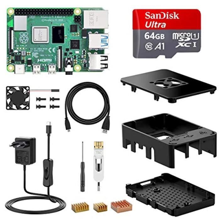 NinkBox Raspberry Pi 4 Modèle B, 4G RAM+64G Carte Mémoire, Starter Kit  Complet: Carte Mère, Ventilateur, Boîtier Noir, Dissipateur, Alimentation  avec Interrupteur, Câble HDMI Raspberry Pi 4 b+ : : Informatique
