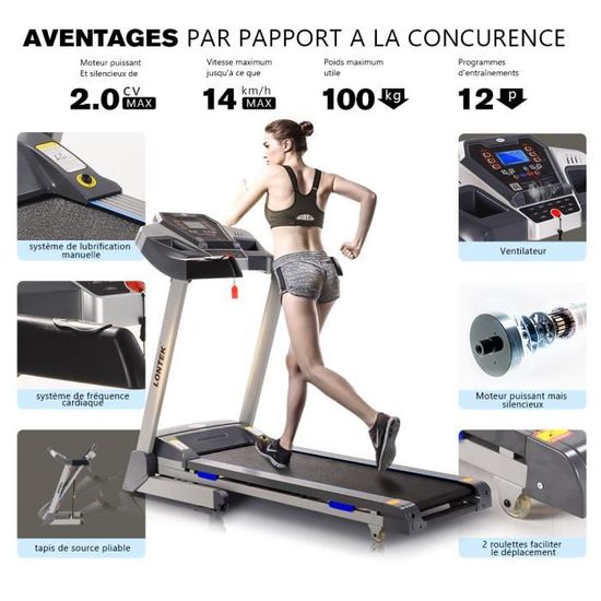 Tapis De Course Pliable LONTEK 2-en-1 - 1650W, Bande 41cm, Inclinaison 9% - Pour Maison/Bureau