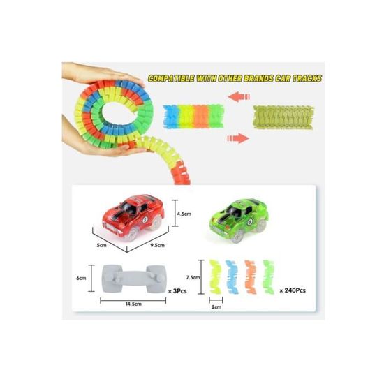 Circuit Voiture Enfant 240 Pièces Lumineux - Flexible, Avec 2 Voitures LED, 3 Rampes, Pour 3-6 Ans, Cadeau Garçon/fille