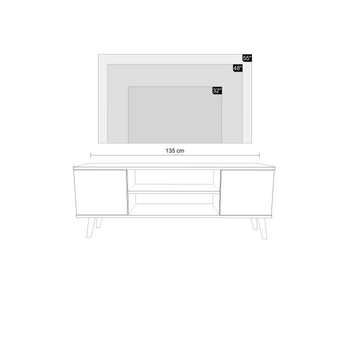 Meuble TV Focus 135cm Style Scandinave - Pieds En Bois, Chêne Doré Et Blanc - Rangement Salon Et Salle à Manger
