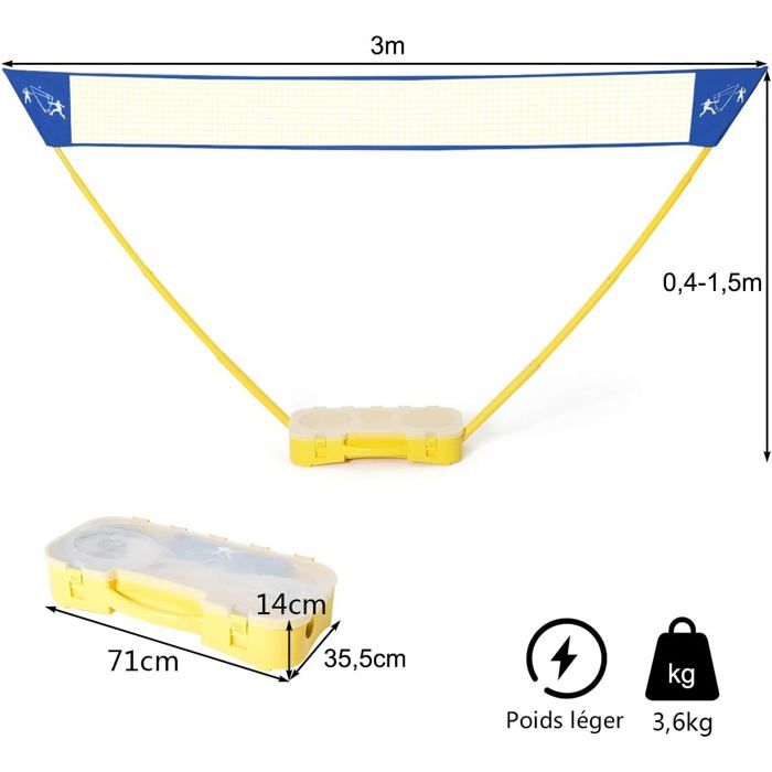COSTWAY Filet Badminton Portable 3,1m/4,2m Réglable + Raquettes & Volants – Jardin Plage