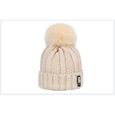 1 Bonnet en tricot doublé polaire peluche doux pour femme - bonnet chaud hiver avec torsades et gros pompom fausse fourrure - BEIGE-0