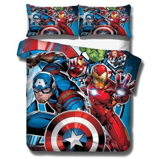 Avengers - Parure de Lit Enfant Coton Captain America - Housse de couette  140x200 Taie 65x65 cm - 1001 Nuits Enchantées