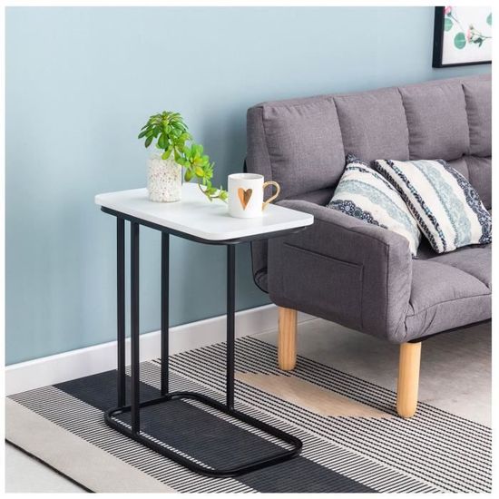Bout de canapé RECIFE table d'appoint table à café table basse de salon moderne en métal noir plateau rectangulaire en MDF blanc mat