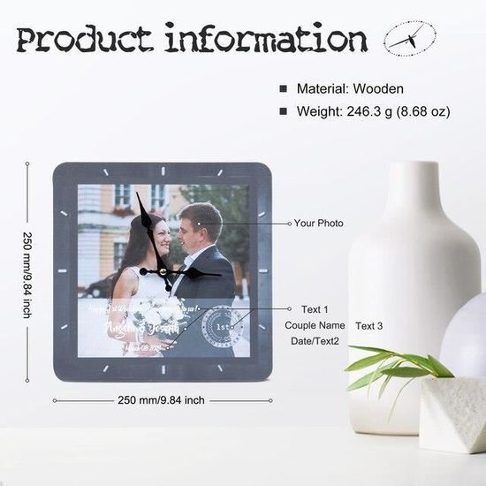Horloge Murale Personnalisée Avec Photo - Horloge Carrée Personnalisable Texte & Image, Cadeau Anniversaire Mariage Noël
