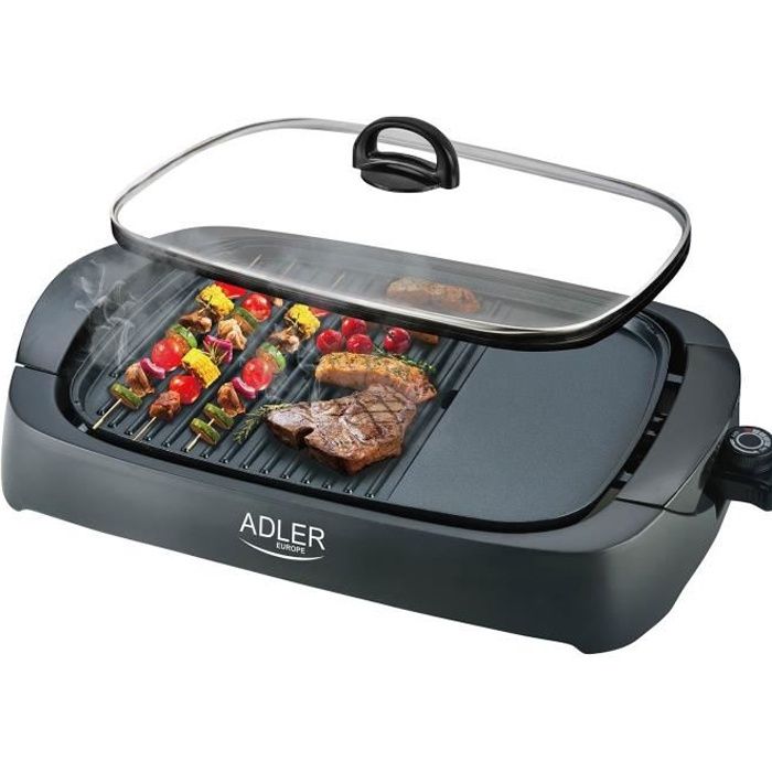Grill électrique Adler 3000W - Couvercle en verre - 2 zones de cuisson + Spatule