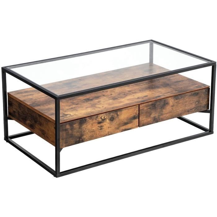 Table basse industriel verre bois et acier 106 x 57 cm 12_0001000