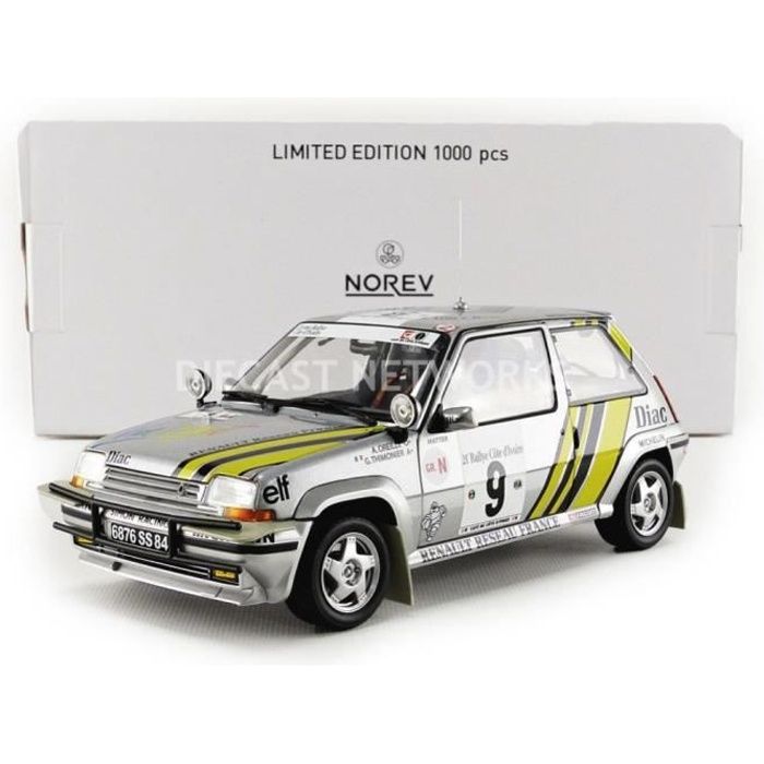 Voiture Miniature de Collection - NOREV 1/18 - RENAULT 5 GT Turbo - Rallye de Cote Ivoire 1989 - Silver - 185198