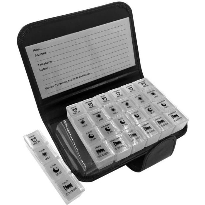 Pilulier 28 cases AUTONOMIE ET BIEN ÊTRE TMI 7981 - Avec housse de rangement - 19 x 3 x 12cm - Noir