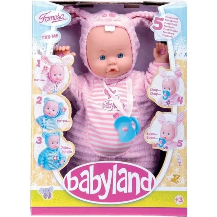 FAMOSA FRANCE - Poupées - poupons - bébés - POUPON 30CM 5 FONCT. BABYLAND - Poupon 30 cm 5 Fonctions Babyland