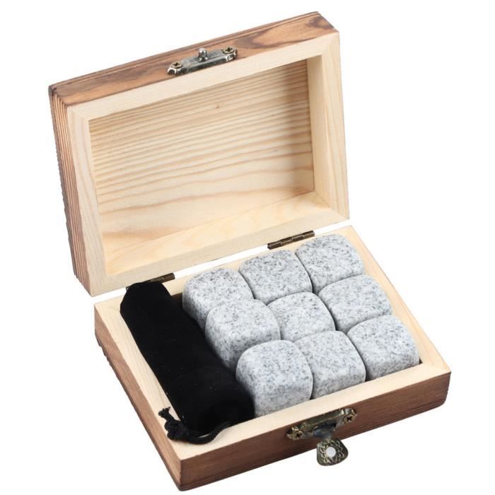 ARAMOX boire des roches de refroidisseur 9Pcs Whisky Wine Chilling Stones Set Home Drink Chiller Stones Rocks Boîte en bois Sésame