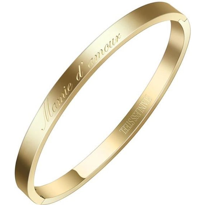 AURSTORE® Bracelet Jonc Fin en Acier Inoxydable 316L avec Message(Mamie d'amour) Largeur 4 mm(OR)