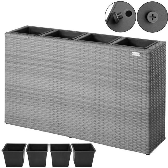 Bac à fleurs en polyrotin gris Jardinière 4 compartiments 95x27x60 cm Pot de fleurs Bac intérieur extérieur