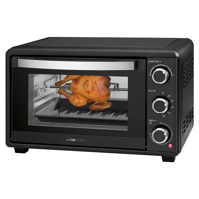 Clatronic - Four Multifonction 25 L Caisson de cuisson à air libre + chaleur supérieure et soubasse, fonction tournebroche, minuteri