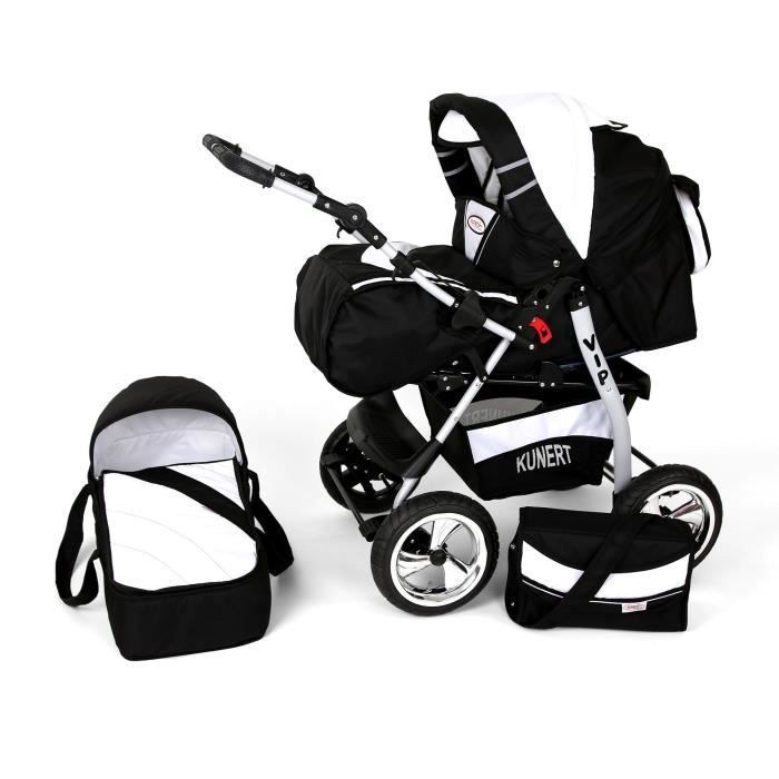 Poussette / Landau combiné 2en1 multifonctions bébé enfant 0-36m avec équipement Roues en caoutchouc Volver - Noire et Blanche.