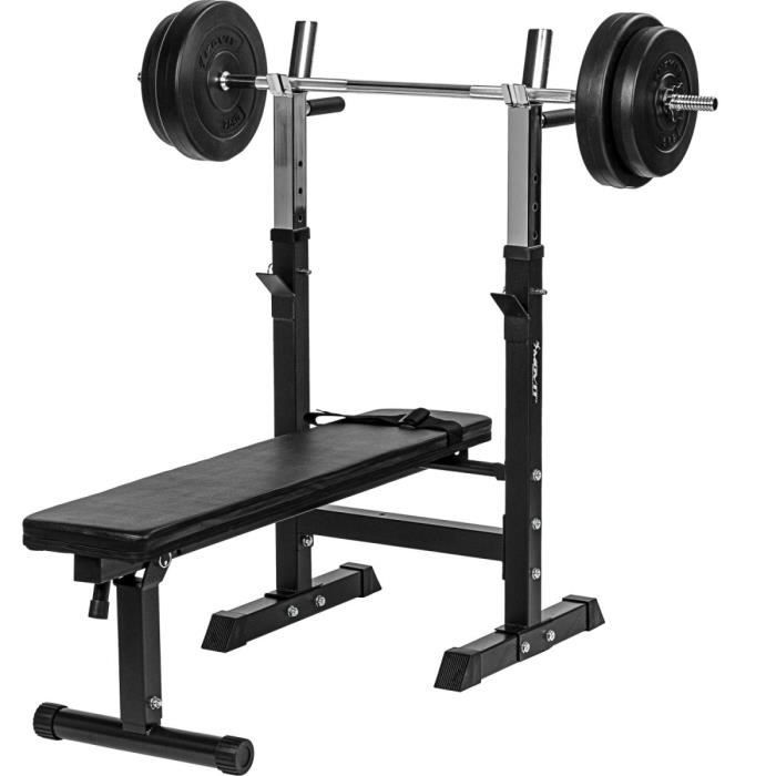 MOVIT® Kit complet avec Banc de musculation noir + set d'haltères long 30 kg + repose haltères, diamètre 30-31 mm