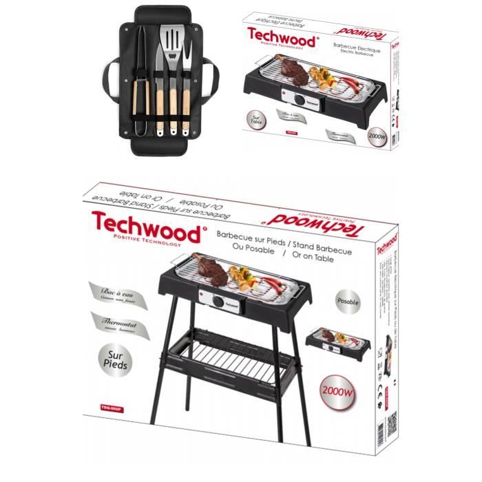 Barbecue Electrique sur Pieds ou de Table noir 2000W + Set de 4 accessoires + housse pour barbecue