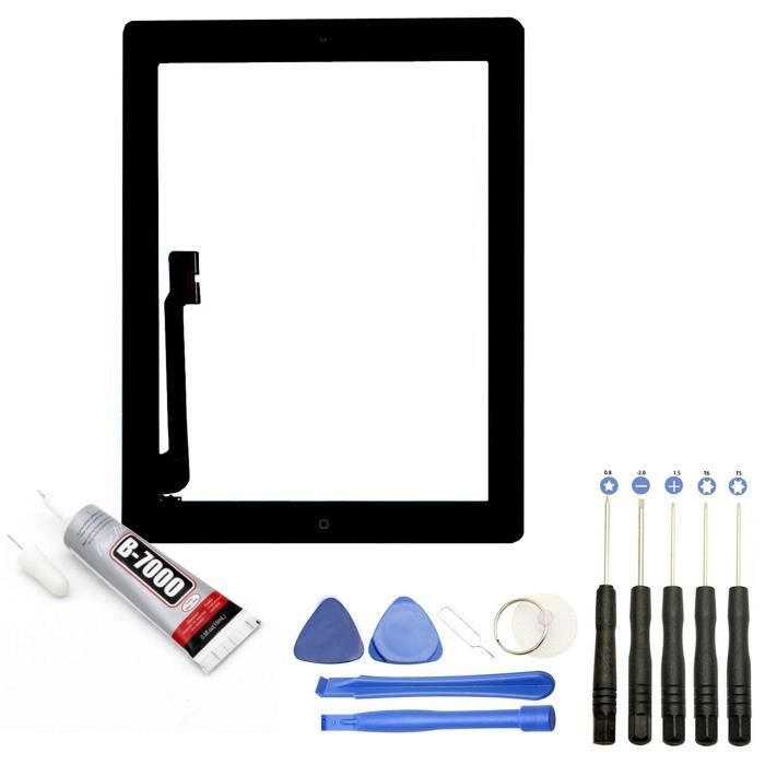 Vitre écran tactile compatible avec iPad 3 et 4 avec Bouton et Adhesifs Pré-Ins NOIR+ Kit outils + Colle B7000 Offerte