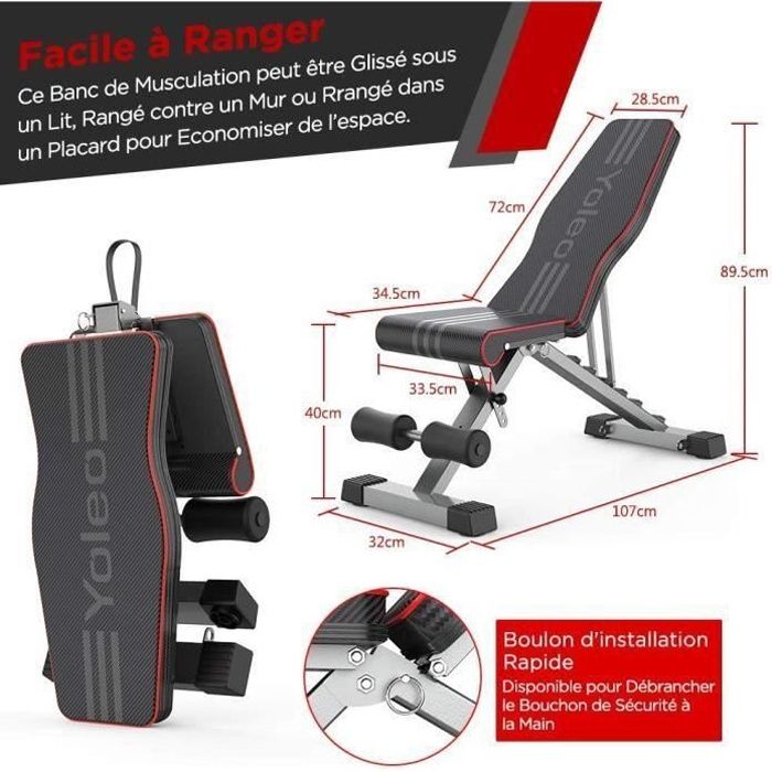 Banc de Musculation, Banc inclinable pour Exercice, Banc réglable pour l'entraînement Complet du Corps Gymnastique à Domicile