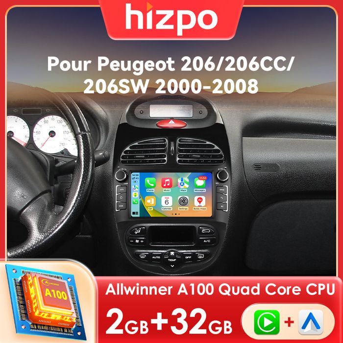 Autoradio Android 7 Pouces Pour Peugeot 206 / 206CC (2001-2016) Et Citroën C2 – 2Go+64Go – CarPlay Sans Fil & Android Auto – GPS, WiFi, Caméra De Recul