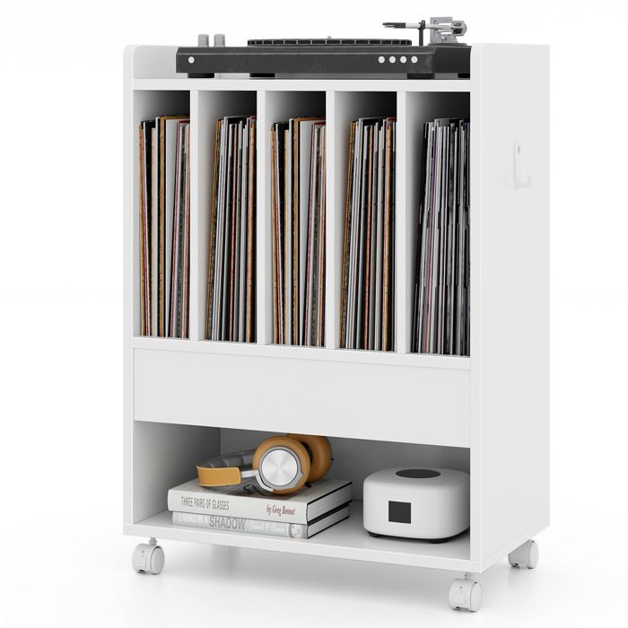 GOPLUS Caisson de Bureau avec Support de Disques Vinyles à 180 Albums avec Tiroir-Crochet et Roues Verrouillables Blanc