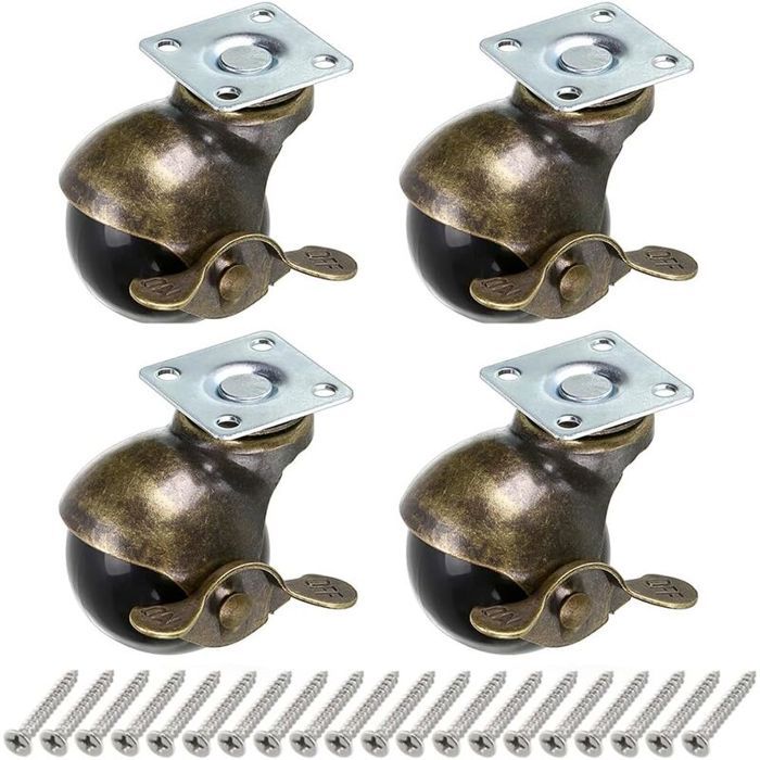 4 Pcs Roue à bille en bronze roulettes de meubles 40mm roulettes à boule arrondie avec frein remplacement pour meubles canapés