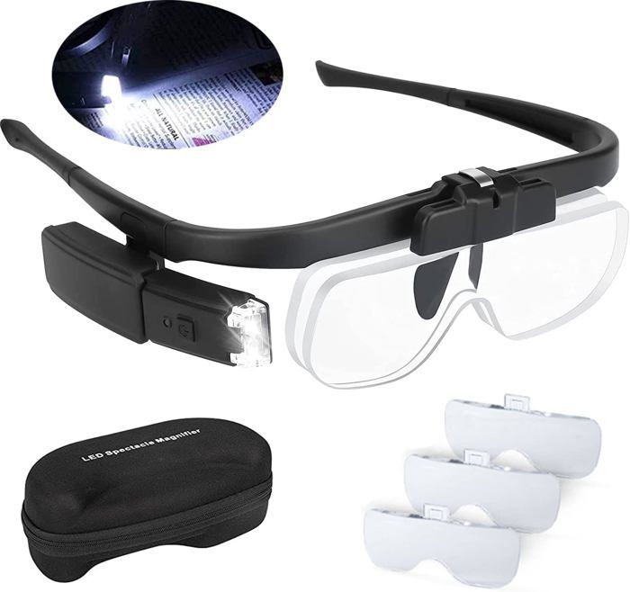 Loupe Frontale Avec Lumières LED - 4 Lentilles Interchangeables (2X à 24X), Réglable, Pour Travaux De Précision Et Artisanat