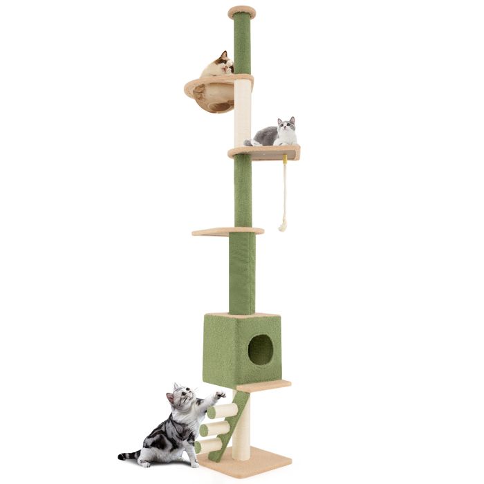 Comparer les prix de Arbre à Chat du Sol au Plafond COSTWAY, Hauteur Réglable 218-253 cm, Tour pour Chat à 5 Niveaux, Condo, Griffoirs en Sisal, Echelle