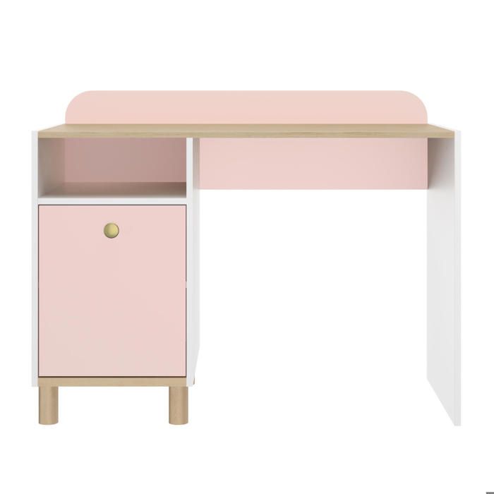 Bureau 1 porte avec rangement effet bois blanc et poignée dorée