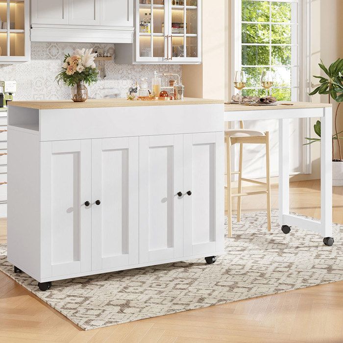 Ilot Central Desserte de Cuisine Table de bar extensible avec 6 surfaces de rangement Blanc 118-180×50×94 cm