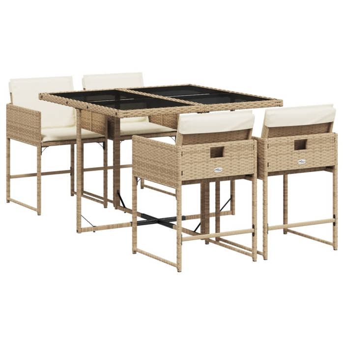 87931624& Ensemble repas de jardin avec coussins 5 pcsTable de jardin et 4 chaises - Beige poly rotin