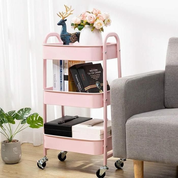 SUPFINE Chariot de Rangement à 3 Niveaux Service Polyvalent en Métal Étagère sur Roues Organiseur de Cuisine Stable Rose
