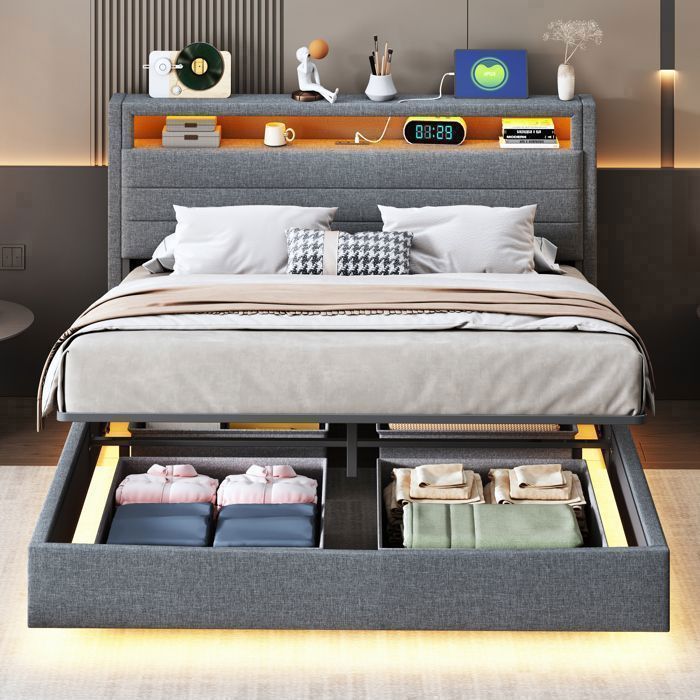 Lit Coffre Rembourré 140 x 200 cm avec Ports USB Lit double avec Eclairage LED Tête de Lit avec Rangement Lin Gris