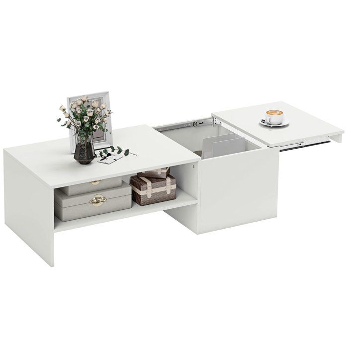 Table basse - HOMCOM - rectangulaire - plateau coulissant rangement caché étagère ouverte - 110 x 52 x 36 cm - blanc