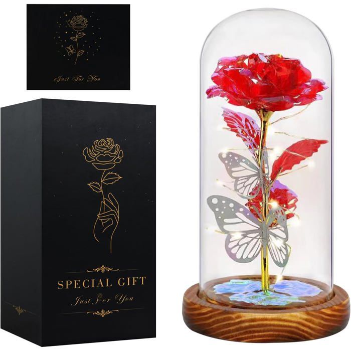 Santentre Rose Eternelle,Cadeau Fete des Grand Mere Rose Eternelle sous Cloche,Cadeau Femme La Belle et la Bête Rose avec LED,Fleur Artificielle pour Cadeau Anniversaire Femme,Cadeau Grand Mere