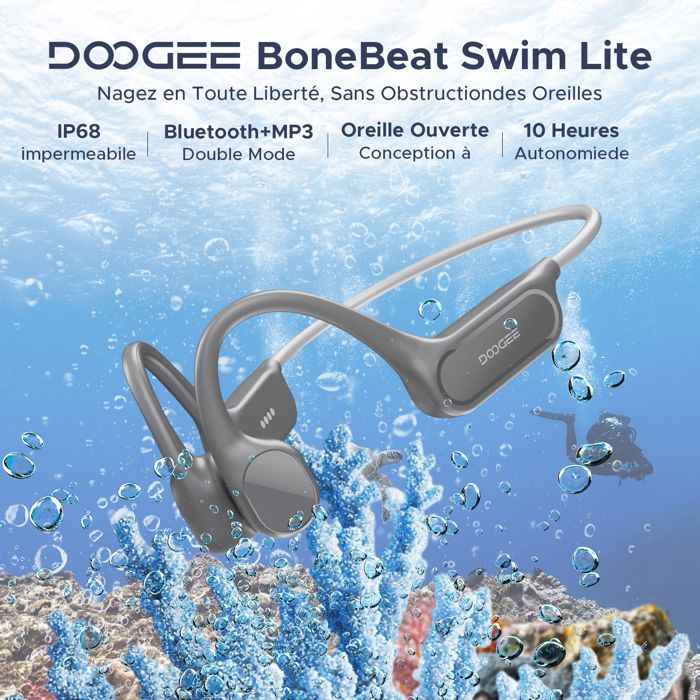 DOOGEE Écouteurs à Conduction Osseuse IP68 Natation Autonomie 10h BT5.4 32Go MP3 Double Mode Sport & Cyclisme-Gris clair