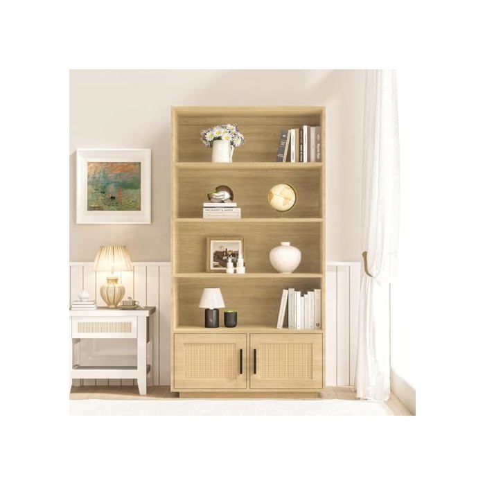LUNSY Bibliothèque - Meuble Étagère à 5 Niveaux - 2 portes en rotin - Rangement Ouvert - 80x30x150 cm - Bois naturel