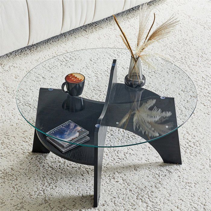 Table Basse Ronde Verre Trempé et Bois Table Basse Salon Transparente Moderne Design avec Pieds en Noir et Compartiment 80x80x36 cm