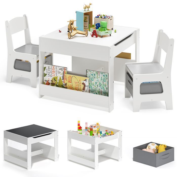 Table et 2 Chaises Enfant - Bealife - 2 Plateau Amovible - 2 Tiroirs - Dessin - Bureaux - Jouer - Manger - De 1 à 6 ans - Gris