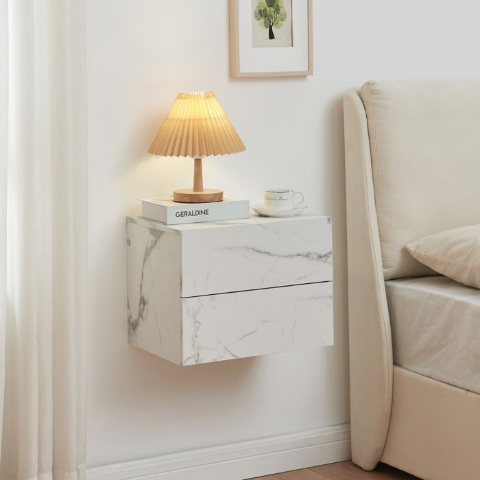 Table de chevet murale Ampfing avec 2 tiroirs 40 x 29 x 30 cm effet marbre blanc