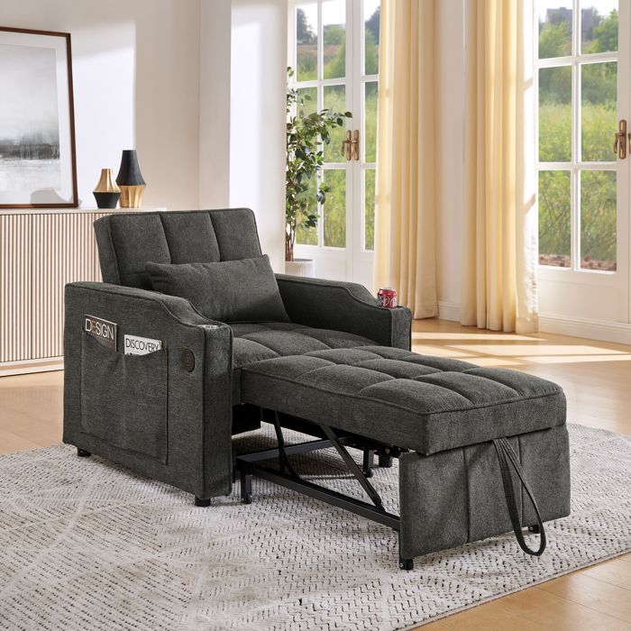 Maisentiel fauteuil-lit convertible 3-en-1 1 place gris foncé USB/USB-C dossier 3 positions 190 cm