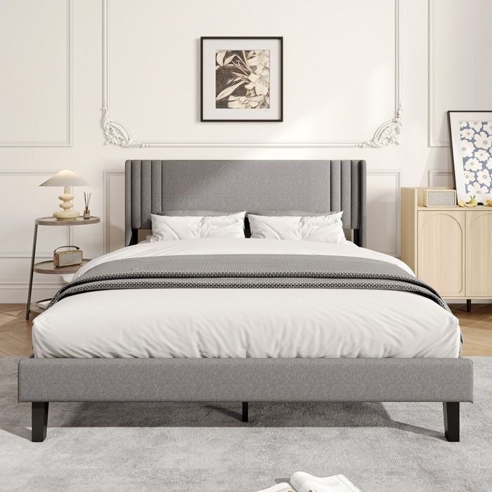 Lit 160x200 cm Lit Rembourré en Lin Lit Adulte avec Sommier à Lattes en Bois Lit Double 160x200 cm Design Minimaliste Gris Lit 160x200 cm Lit Rembourré en Lin Lit Adulte avec Sommier à Lattes en Bois Lit Double 160x200 cm Design Minimaliste Gris
